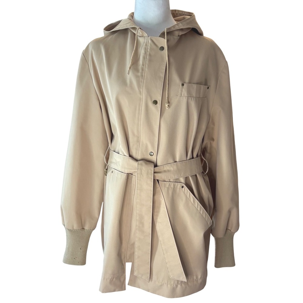 Vintage 80s Etienne Aigner Tan Hooded Jacket Snap Zip Belted Womens 10